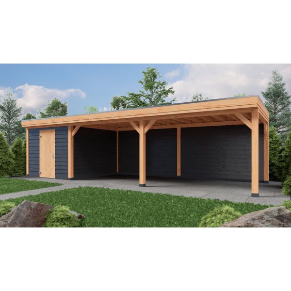 Overkapping Deluxe Enkelwandig 1000cm x 350cm met schuur 300cm