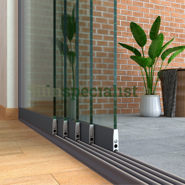 5-rail glazen schuifwand tot 4020 mm matantraciet (Ral 7016) (5 x 830mm glas)