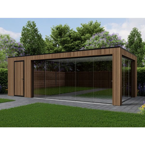 Tuinhuis Composiet Rhombus Teak 700cm x 330cm met schuur 200cm