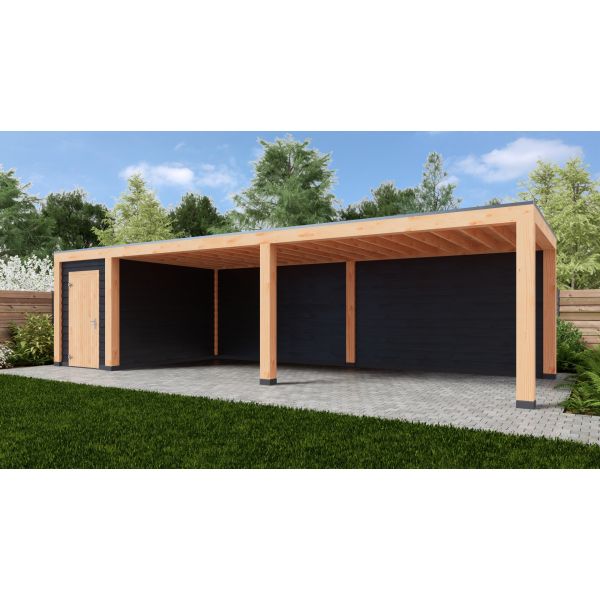 Overkapping Moderno Enkelwandig 1000cm x 300cm met schuur 200cm