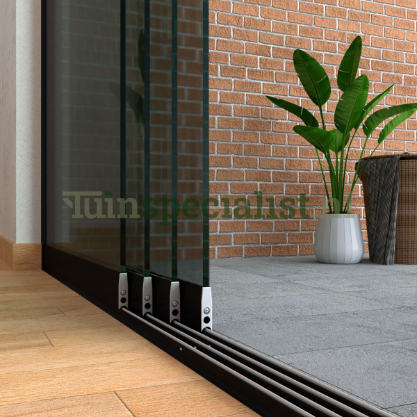 4-rail glazen schuifwand tot 3630 mm matzwart (Ral 9005) (4 x 930mm glas) (Donker glas)