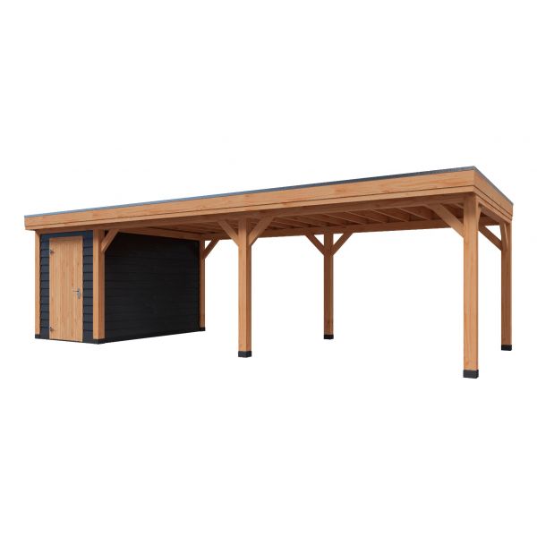 Overkapping DeLuxe Enkelwandig 900cm x 300cm met schuur 200cm