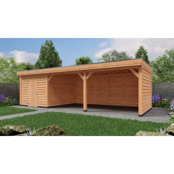 Overkapping DeLuxe Enkelwandig 900cm x 300cm met schuur 300cm
