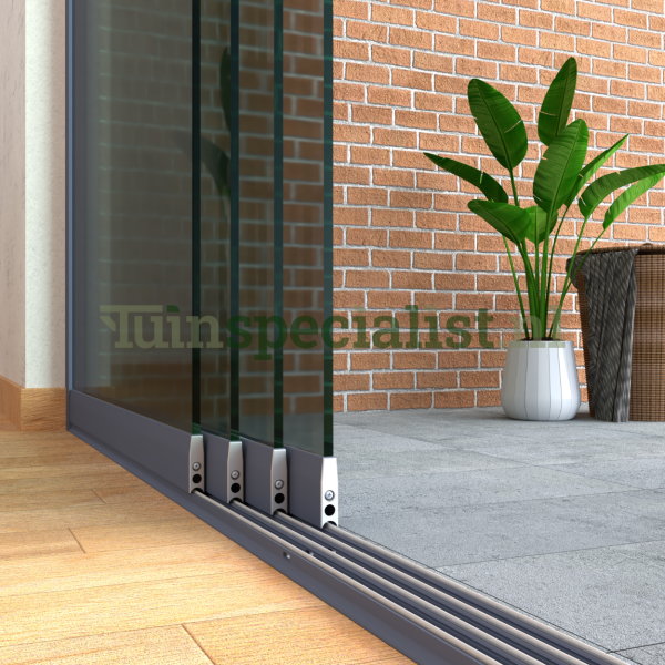 4-rail glazen schuifwand tot 3630 mm matantraciet (Ral 7016) (4 x 930mm glas) (Donker glas)