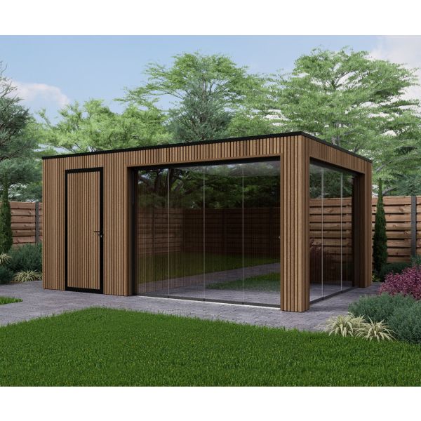 Tuinhuis Composiet Rhombus Teak 500cm x 330cm met schuur 200cm