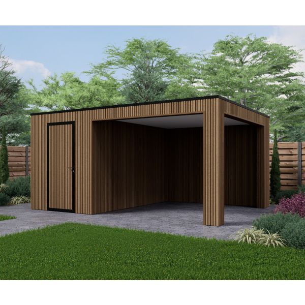 Tuinhuis Composiet Rhombus Teak 500cm x 370cm met schuur 200cm