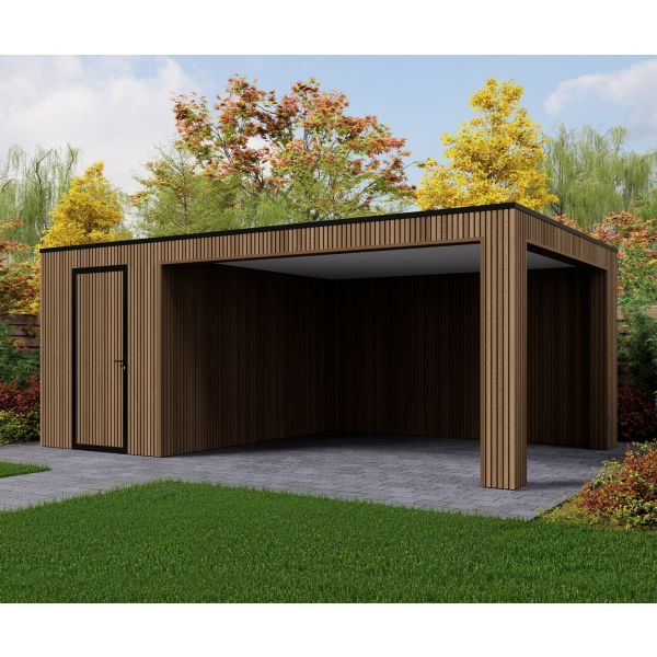 Tuinhuis Composiet Rhombus Teak 600cm x 370cm met schuur 200cm