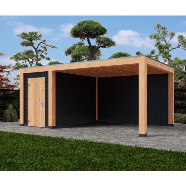 Overkapping Moderno Enkelwandig 700cm x 300cm met schuur 200cm