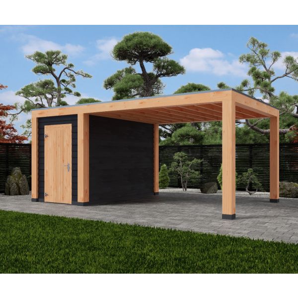 Overkapping Moderno Enkelwandig 600cm x 350cm met schuur 200cm