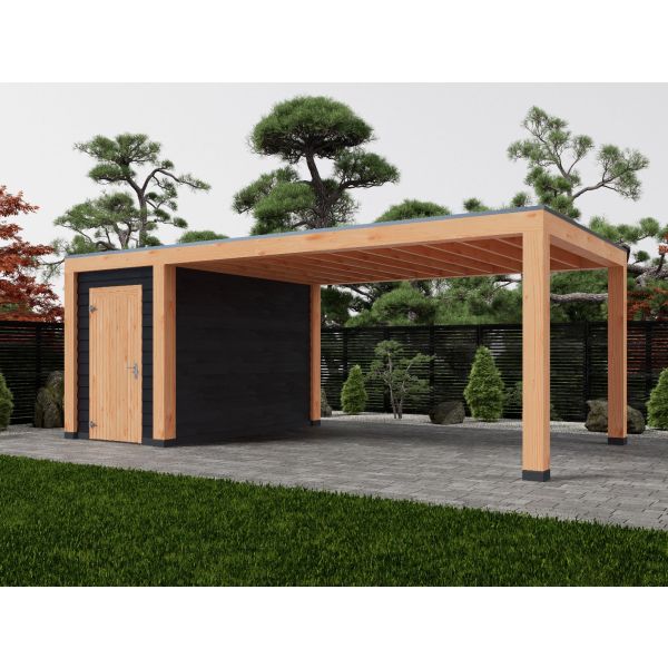 Overkapping Moderno Enkelwandig 700cm x 350cm met schuur 200cm