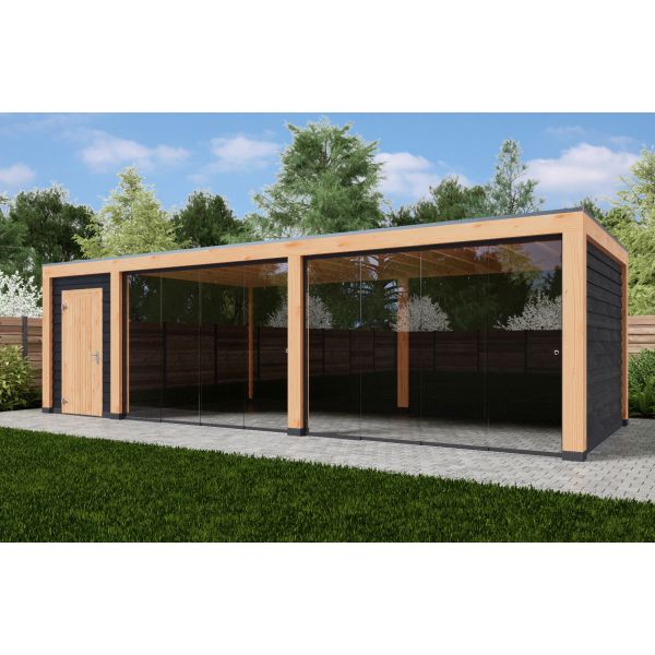 Overkapping Moderno Enkelwandig 900cm x 350cm met schuur 200cm