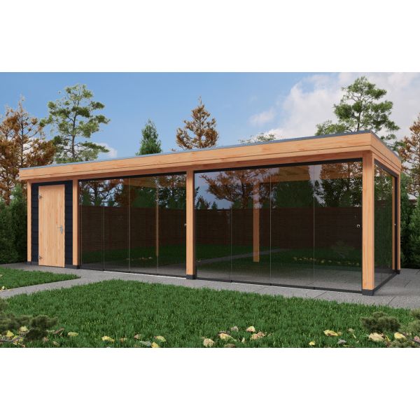 Overkapping DeLuxe Enkelwandig 900cm x 300cm met schuur 200cm