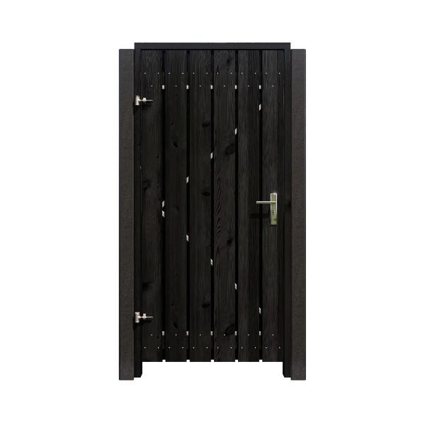 Grenen zwart gespoten tuinpoort 195cm hoog incl. kozijn, slot en bevestigingsmateriaal