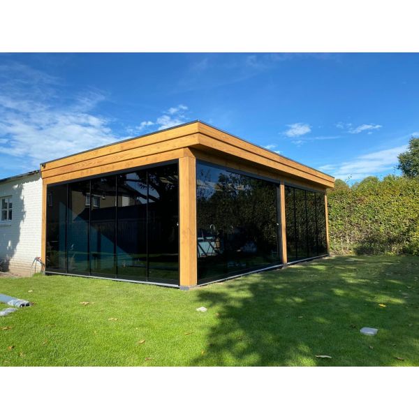 4-rail glazen schuifwand tot 3630 mm matantraciet (Ral 7016) (4 x 930mm glas) (Donker glas)