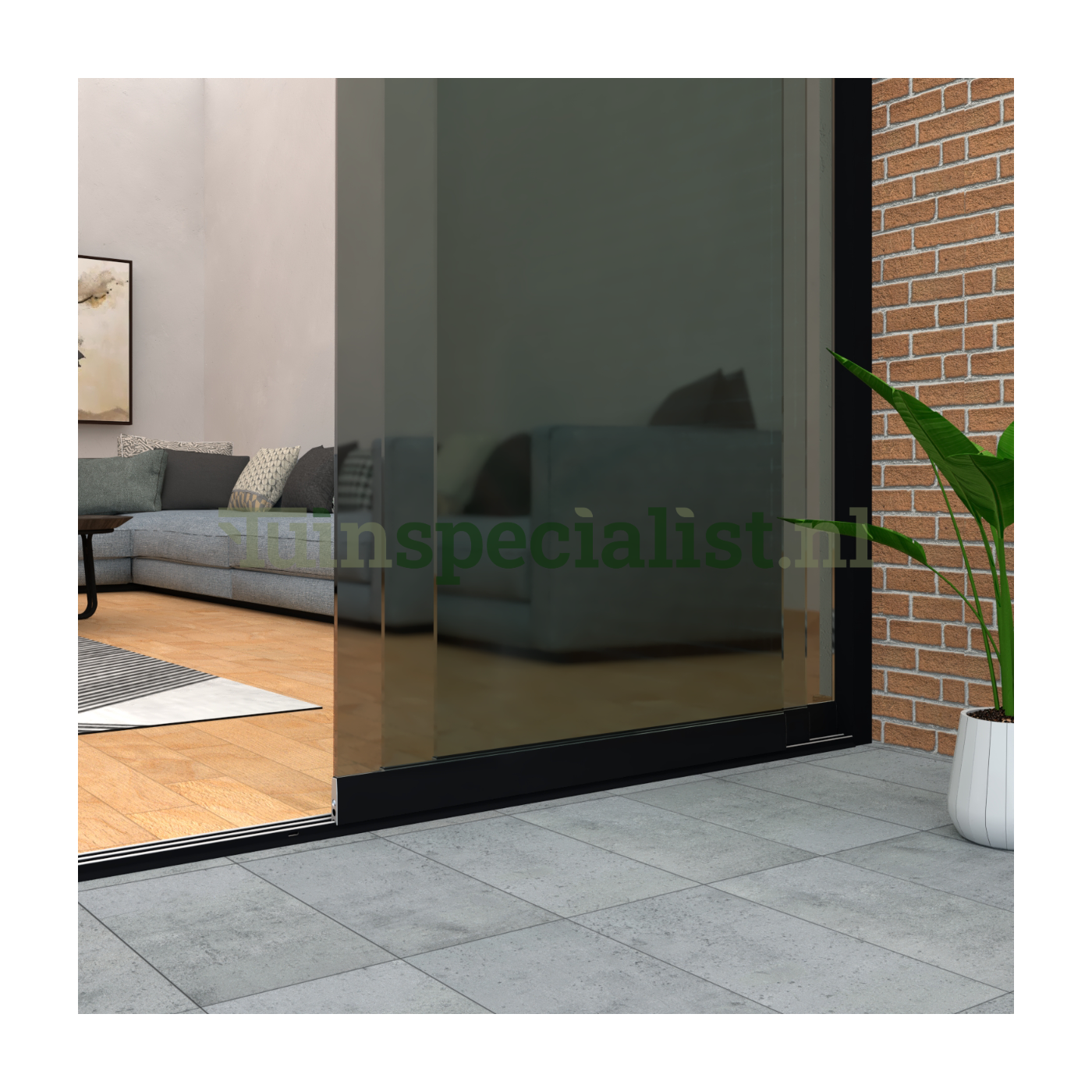 5-rail glazen schuifwand tot 5000 mm matzwart (Ral 9005) (5 x 1030mm glas) (Donker glas)
