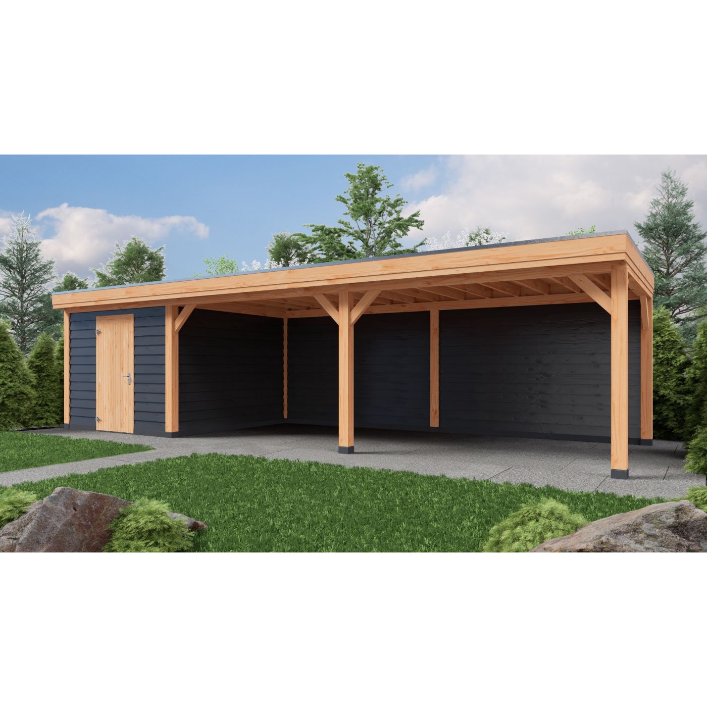 Overkapping Deluxe Enkelwandig 1000cm x 350cm met schuur 300cm