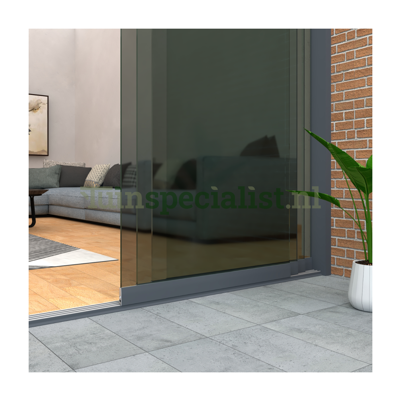 4-rail glazen schuifwand tot 3630 mm matantraciet (Ral 7016) (4 x 930mm glas) (Donker glas)