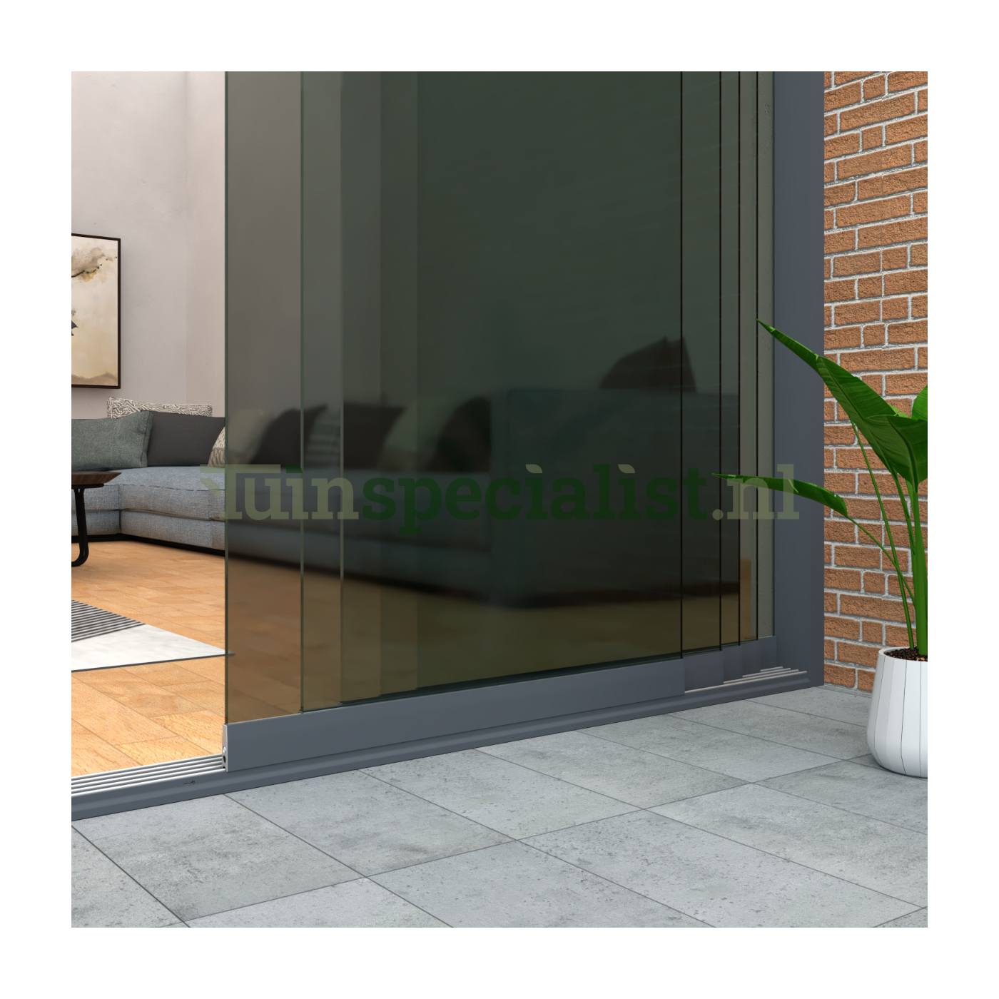 5-rail glazen schuifwand tot 5000 mm matantraciet (Ral 7016) (5 x 1030mm glas) (Donker glas)